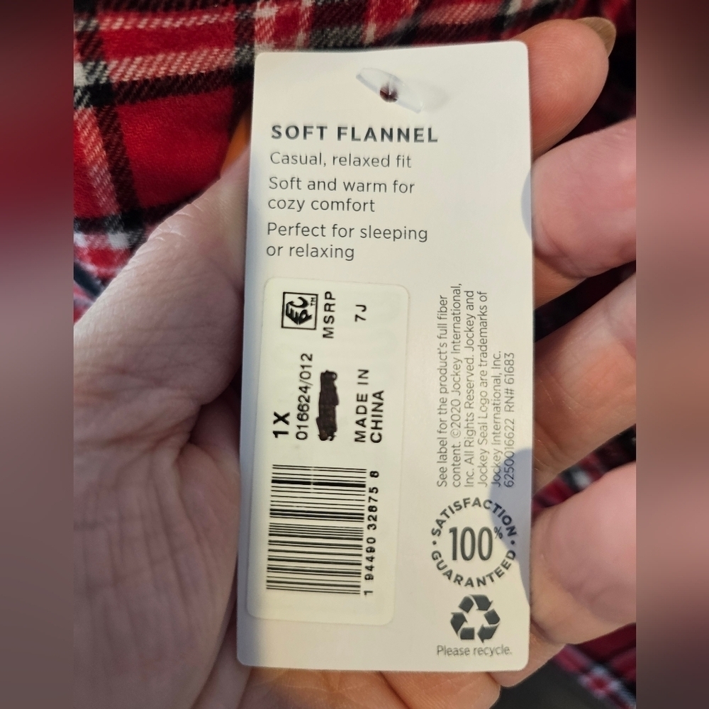 Jockey Women's Size 1X Soft Flannel Red Black White Plaid Nightshirt New w/ Tag - Picture 3 of 8